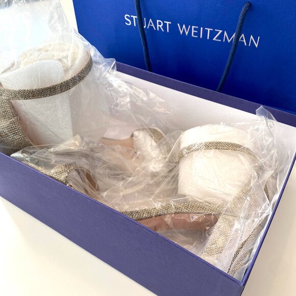 Stuart Weitzman Womens Gold Ankle Strap Glitter  Block Heel - Picture 5 of 5